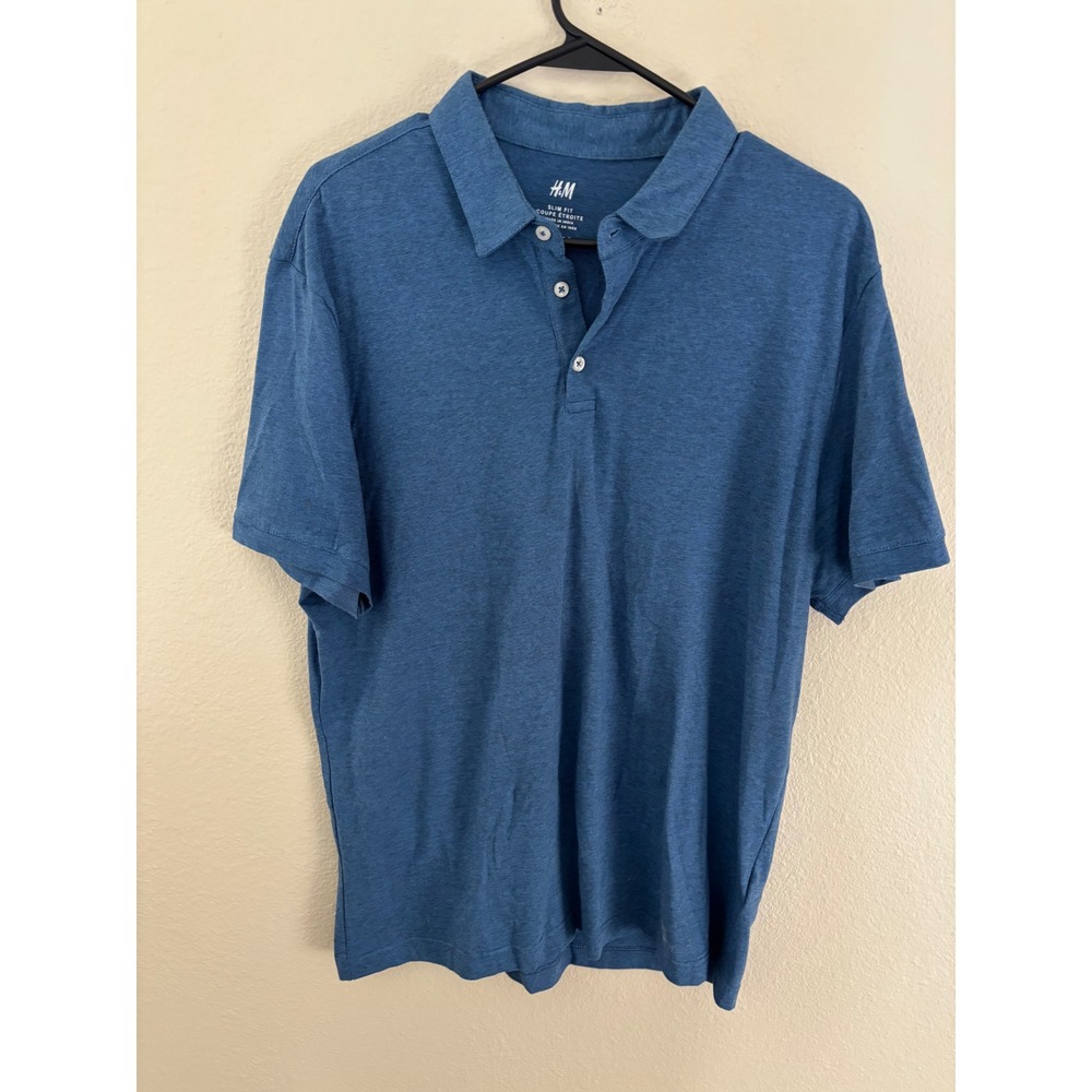 HM Mens Slim Fit Polo Shirt Large Heather Blue Short Sleeve Cotton Blend A1040